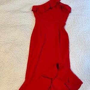 Red frilly one shoulder dress with front slit size XS